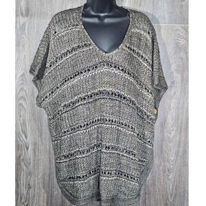 New Directions XL Knit‎ Top Black Beige Striped Short Sleeve V Neck Sweater